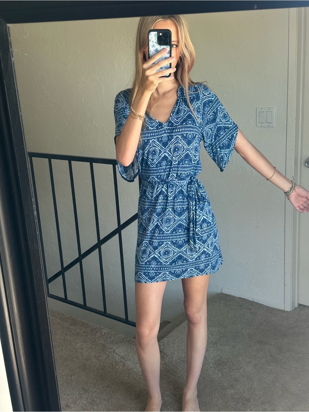 Blue Printed V-Neck Tie-Waist Mini Dress